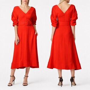 Nicholas Red V-Neck Puff Sleeve Belted Midi Dress US 2